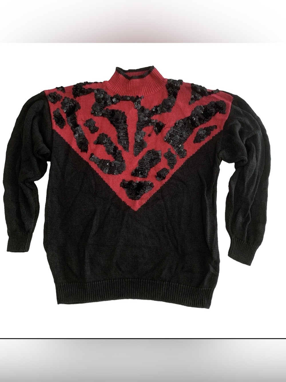 All Points Black Red Geometric Sequin Mock Neck Sweater M Vintage